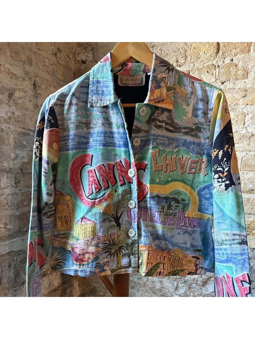 Vintage 90s Jacket Cannes Riviera Art Postcard Wear
